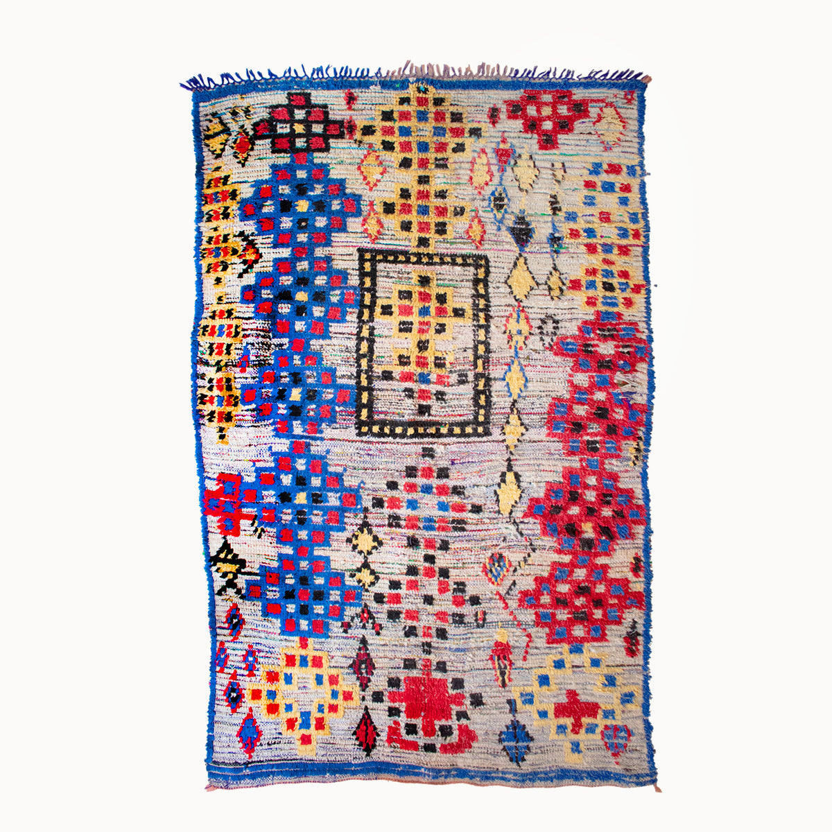 Blue and yellow vintage Moroccan wool rug hand-knotted in Morocco measuring 4'9" x 7'4"