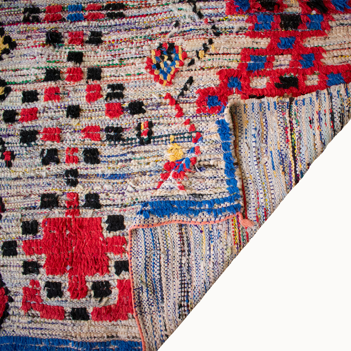 Blue and yellow vintage Moroccan wool rug hand-knotted in Morocco measuring 4'9" x 7'4"