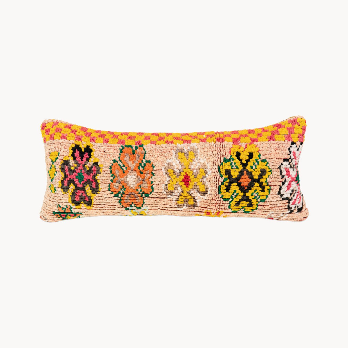 Long Jourdan Moroccan rug lumbar pillow with geometric flower motifs