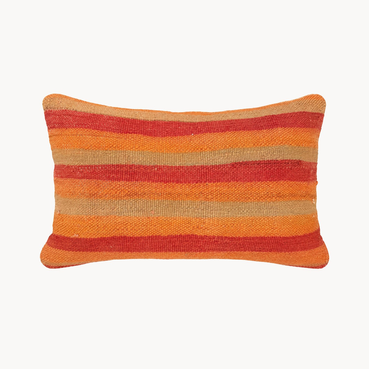 Sunset Stripe Wool Lumbar Pillow — orange, red and tan striped front