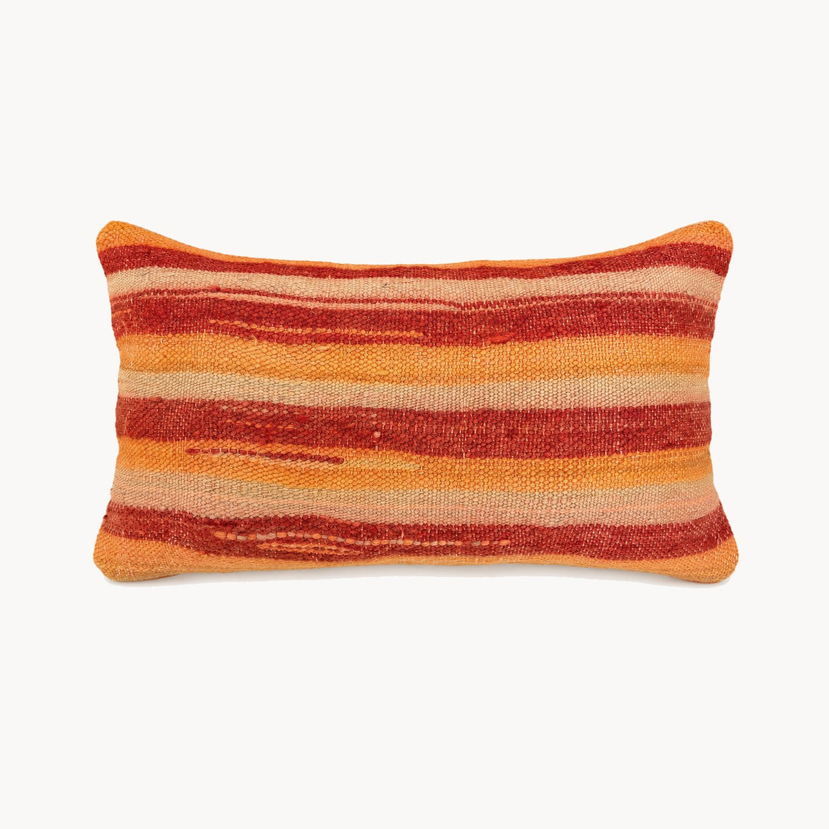 Sunset Stripe Wool Lumbar Pillow — orange, red and tan striped front