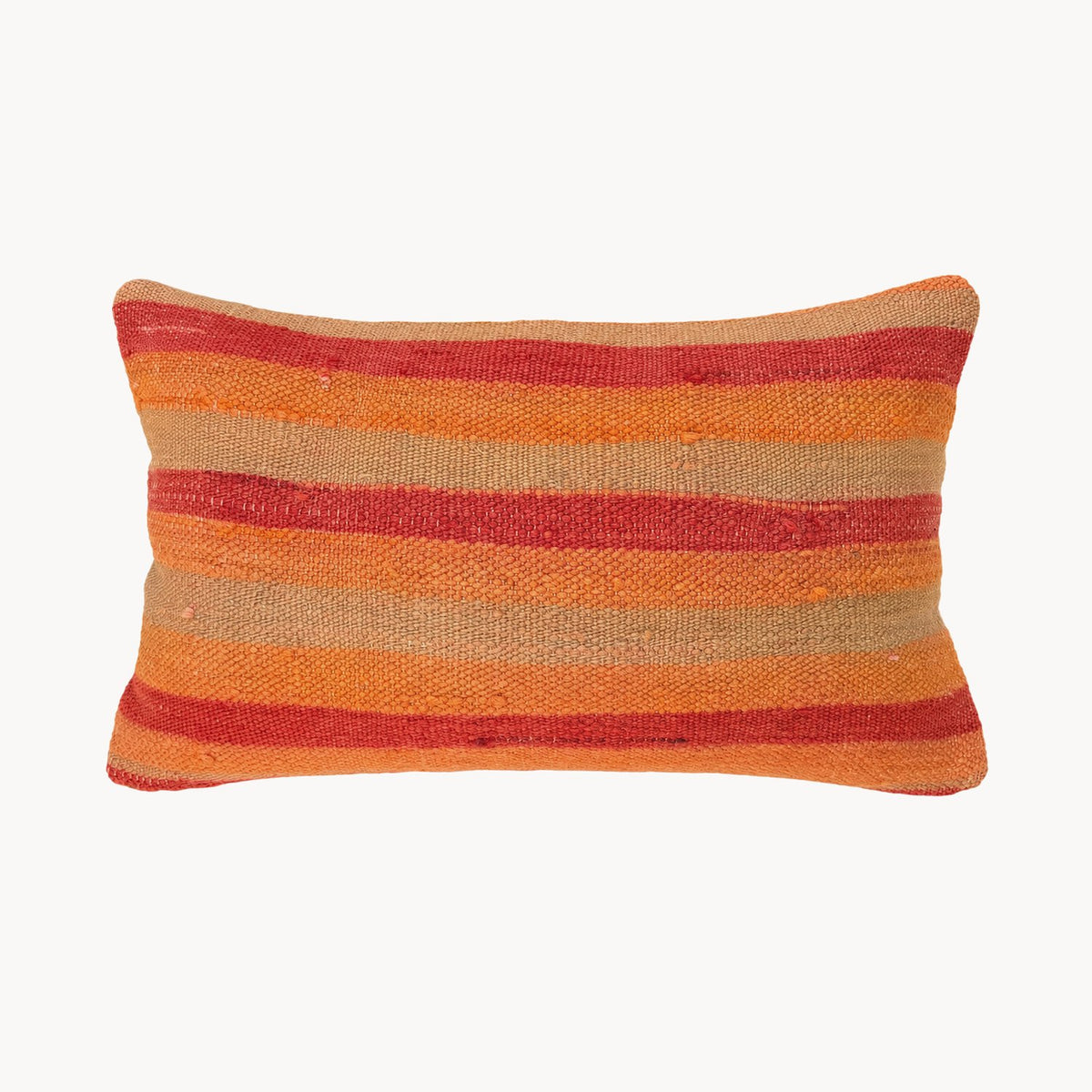 Sunset Stripe Wool Lumbar Pillow — orange, red and tan striped front