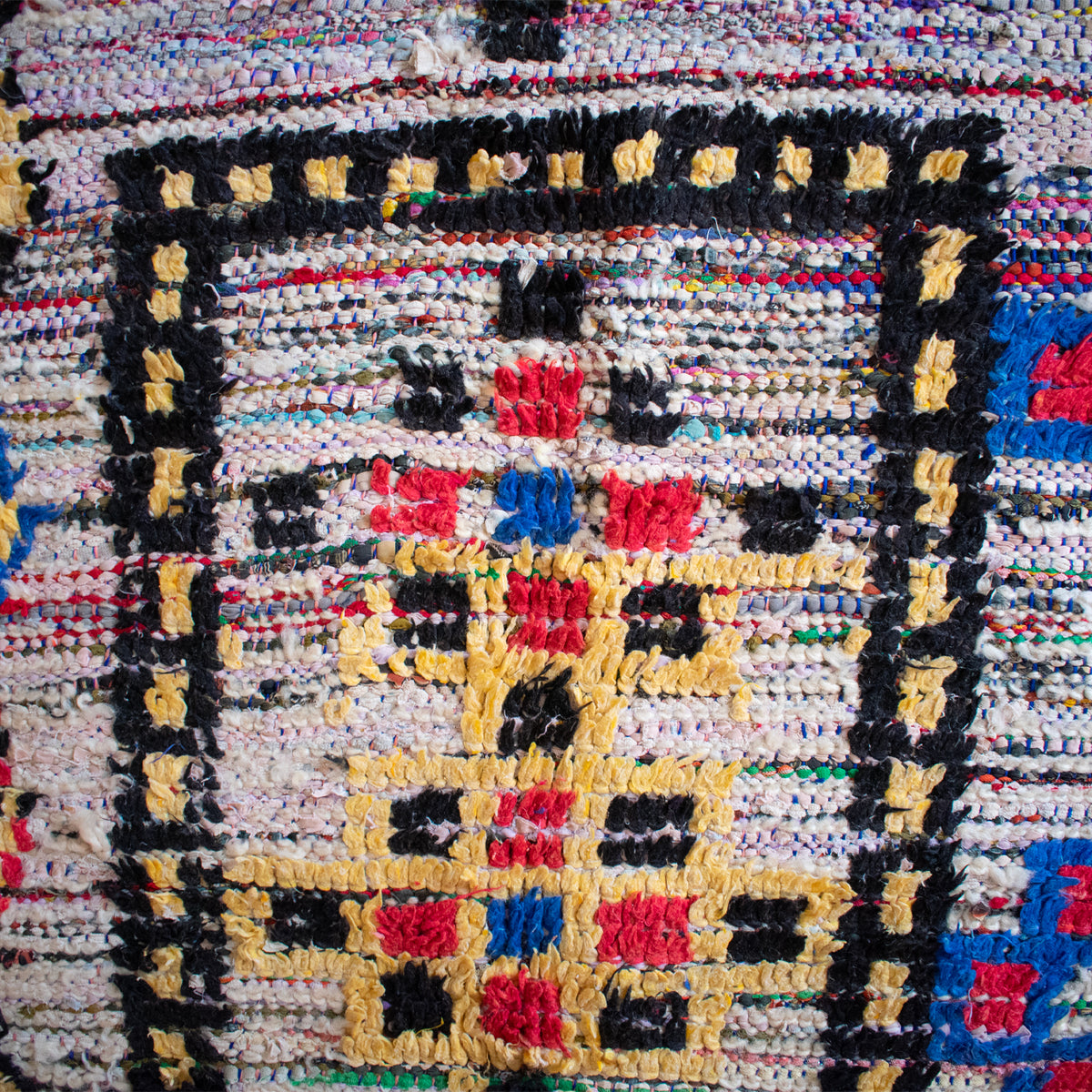 Blue and yellow vintage Moroccan wool rug hand-knotted in Morocco measuring 4'9" x 7'4"