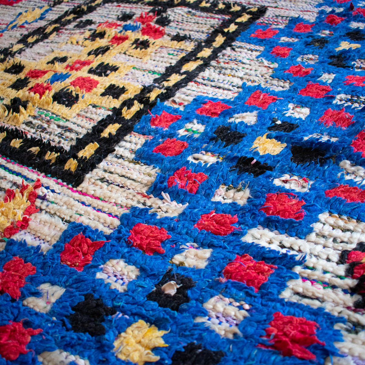 Blue and yellow vintage Moroccan wool rug hand-knotted in Morocco measuring 4'9" x 7'4"